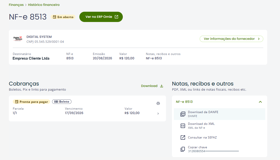 Tela do portal do cliente com nota fiscal, boleto e documentos disponíveis para download